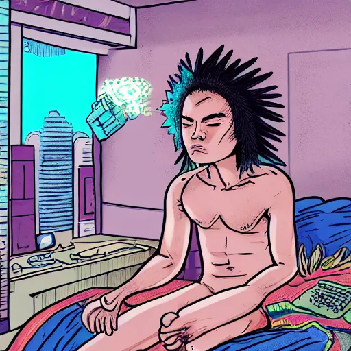 Prompt: in the style of ghostshrimp and deathburger a highly detailed illustration of a young mixed race male explorer wearing a cyberpunk headpiece who is meditating in his bedroom