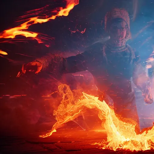 Prompt: novice sorcerer summons a cataclysmic conflagration of fire, epic, cinematic, octane render, extremely detailed, fantasy, 8 k