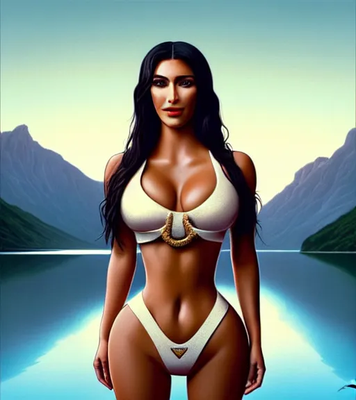 Image similar to professional photo of kim kardashian wearing a hooters outfit, posed by a lake, intricate, elegant, highly detailed, cinematic, instagram, sleek, smooth, sharp focus, illustration, by artgerm and greg rutkowski and alphonse mucha