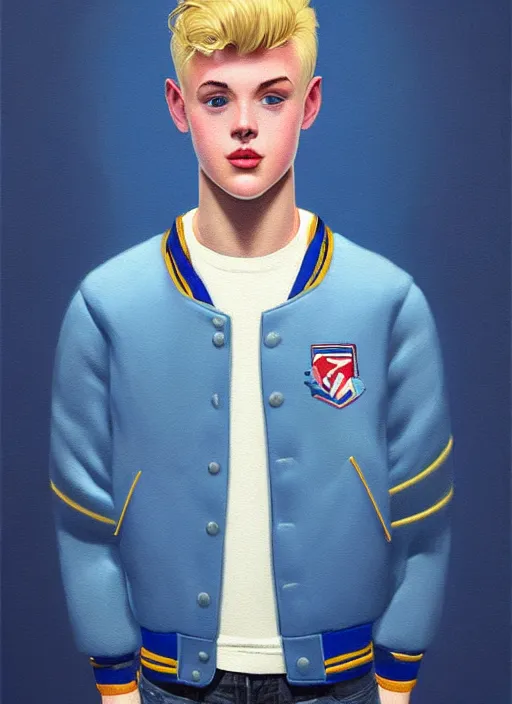 Image similar to portrait of a high school senior boy named moose mason, blonde short hair, jock, beefy, square jaw, square facial structure, 1 9 5 0 s, blue varsity jacket, intricate, elegant, glowing lights, highly detailed, digital painting, artstation, concept art, smooth, sharp focus, illustration, art by wlop, mars ravelo and greg rutkowski