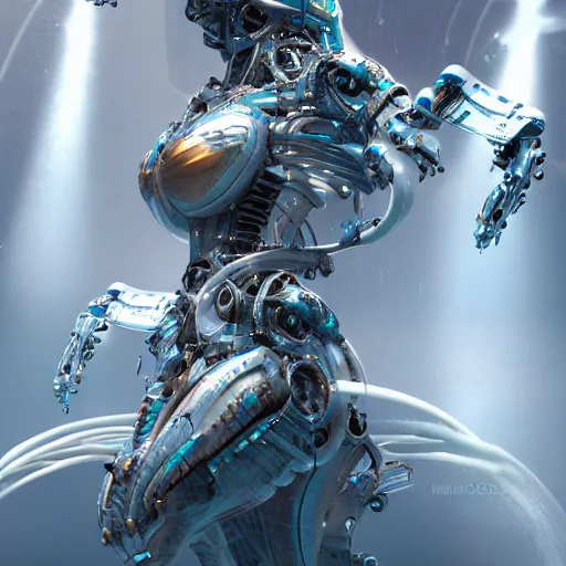 Image similar to biomechanical mecha white mermaid underwater, rays of light. Style of westworld, cables, lights, searchlight, weta digital, octane render, insane details, ultra realistic, beatifully lit, reflections