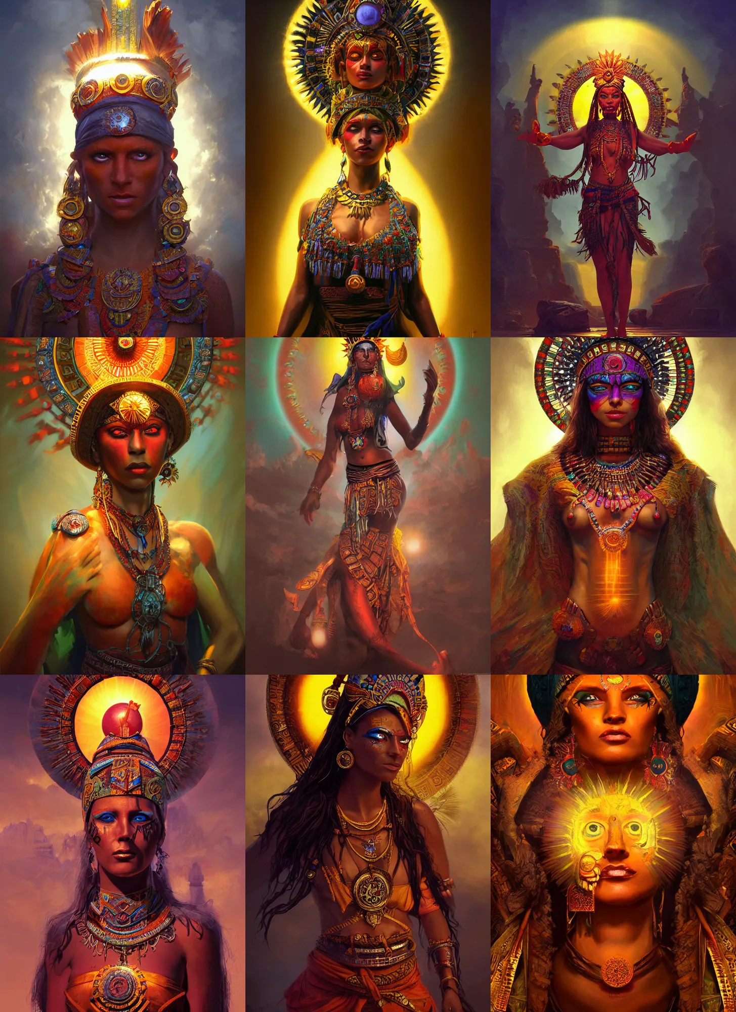 Prompt: aztec monk sun goddess, vivid colors, dark shadows, contrast, concept art, sharp focus, digital art, Hyper-realistic, 4K, Unreal Engine, Highly Detailed, Dramatic Lighting, Beautiful, by Brom, bastien lecouffe-deharme