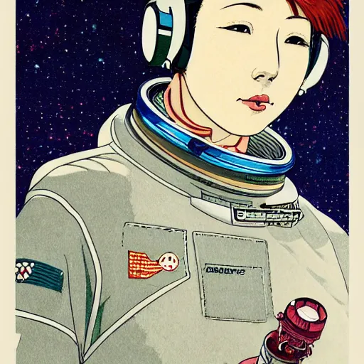 Image similar to portrait of female astronaut painted in miyazaki color style drawn by katsuhiro otomo and takato yamamoto, high detail, intricate linework, sharp, smooth face, china doll face, high detail, manga and anime