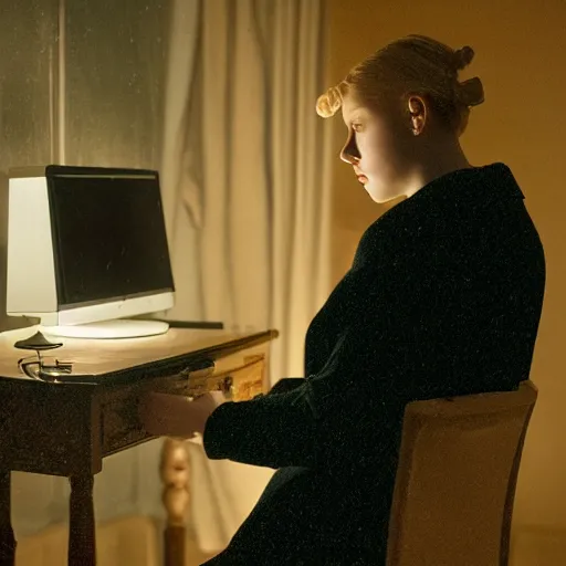 Image similar to Elle Fanning hacking a computer at night in the world of Edward Hopper, stormy snowy weather, dark room, extremely detailed masterpiece, oil on canvas, low-key neon lighting, artstation, Blade Runner 2049, Roger Deakin’s cinematography, by J. C. Leyendecker and Peter Paul Rubens,