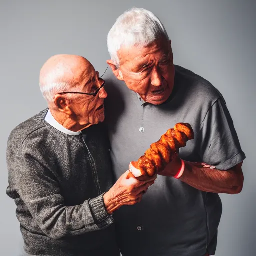 Prompt: Two elderly men fighting over a sausage, Canon EOS R3, f/1.4, ISO 200, 1/160s, 8K, RAW, unedited, symmetrical balance, in-frame