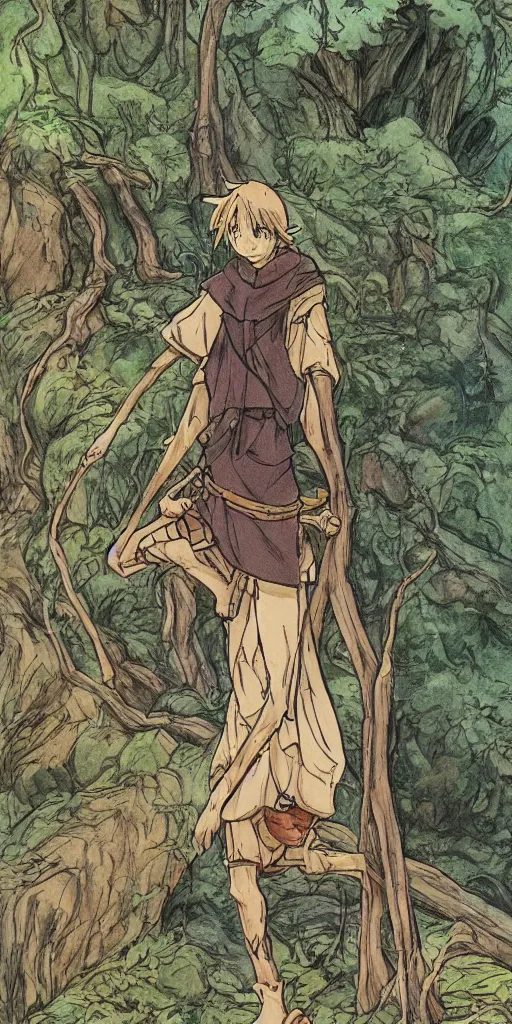 Image similar to an wood elf boy on the mountain side, anime style, tarot card, Tarot card the fool, fine line work, full color, earth tones, drawn by Hayao Miyazaki