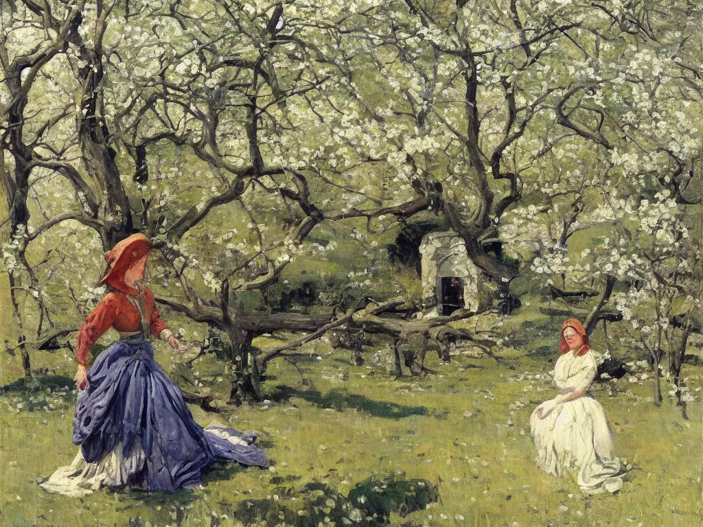 Prompt: portrait of a lady dinosaur in spring, painting by stanhope forbes, oil on canvas