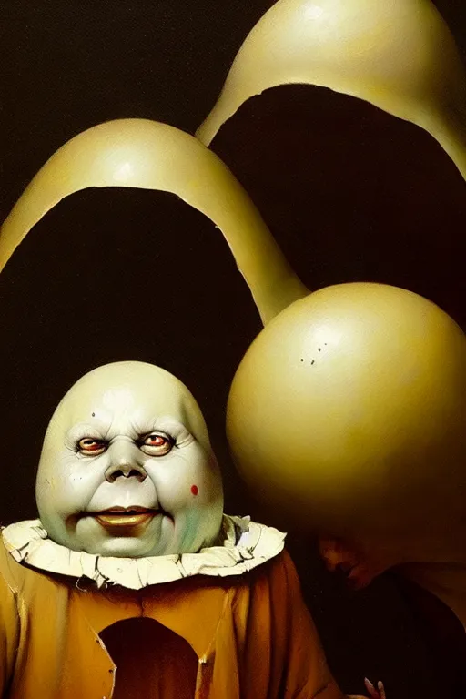 Image similar to hieronymus bosch greg rutkowski, oil painting of humpty dumpty, tweedle dum