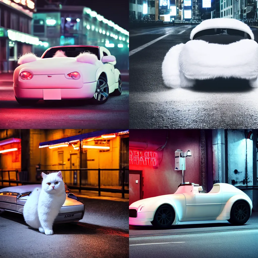 Image similar to a fluffy roadster covered with white fur and looked like a British Shorthair cat, parking in the street, Cyberpunk, neon light, front view, 4k, hd, highly detailed
