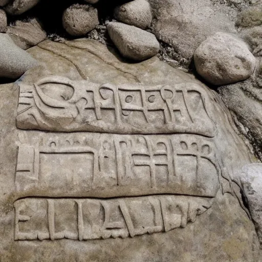 Image similar to detailed footage of european writing in stone in a river, photographic journalism, realistic, european river, carvings of drought and famine