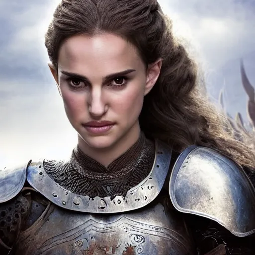 Prompt: head and shoulders portrait of a female knight, young natalie portman, circlet, armored, game of thrones, eldritch, by artgerm, alphonse mucha, silken hair, etched breastplate, sharp focus, high key lighting, vogue fashion photo