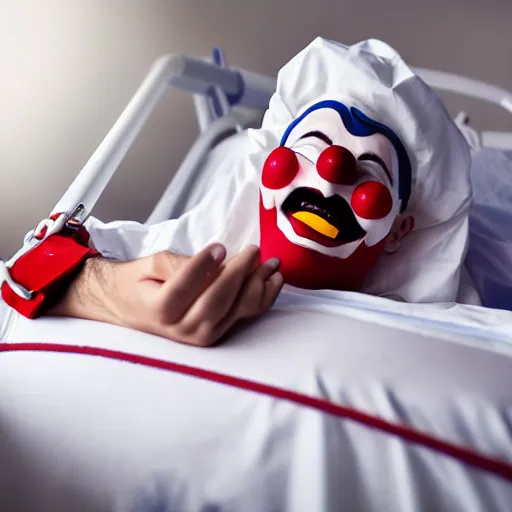 Image similar to confused laughing clown lying in hospital bed with wrist restraints on, restraint fabric straps attached to hospital bed, photograph, 8 k