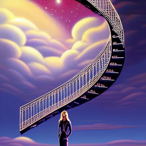 Image similar to portrait of woman walking up an infinity staircase in the clouds, sky background, art by peter lloyd, 1 9 8 0's art, retro art airbrush style, art by hajime sorayama,, intricate, elegant, sharp focus, illustration, highly detailed, concept art, matte, sharp focus, illustration, highly detailed, concept art, h 6 4 0