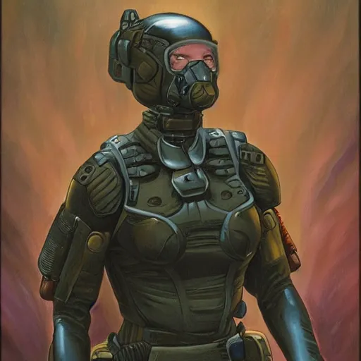 Image similar to female Scifi soldier gets ready, by Gerald Brom