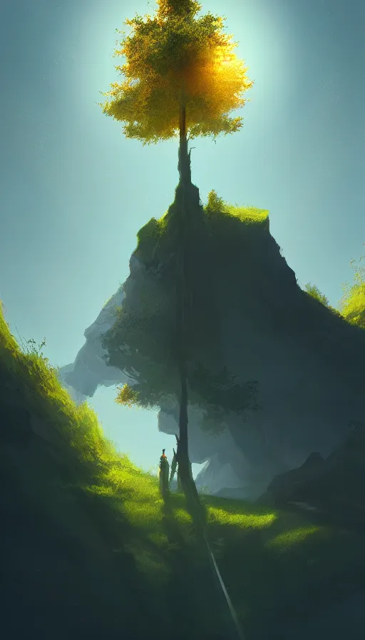 Image similar to concept art by jama jurabaev, cel shaded, cinematic shot, trending on artstation, high quality, brush stroke, the tree of the world shining with the holy light in the valley