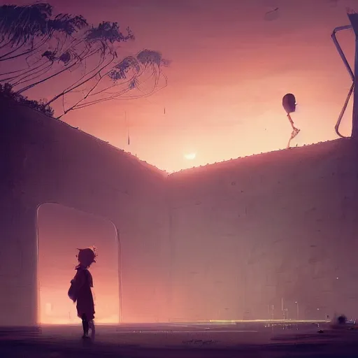 Prompt: digital painting of child playing with a huge humanoid robot in a park, sunset, a dark dystopian city behind a huge wall, dystopian, stunning, cinematic lighting, concept art by greg rutkowski and simon stalenhag and wlop, artstation