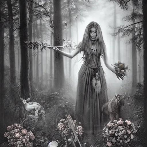 Image similar to pencil drawing, cenozoic by alejandro burdisio rich. a experimental art of a vasilisa standing in the forest, surrounded by animals. she is holding a basket of flowers in one hand & a spindle in the other. gentle expression. in the background, the forest is dark & mysterious.