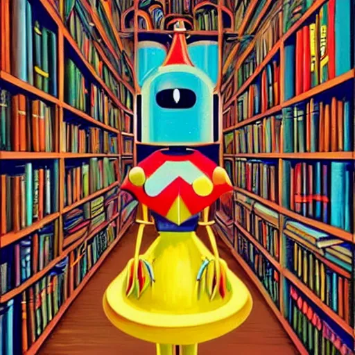 Prompt: colorful sharp painting, a cute humanoid robot is standing in a magicians library with magic books, potions, magical, medieval, atmospheric, juxtapoz, artforum, gary baseman, preston blair, tex avery, dan mumford, pedro correa - w 7 0 4