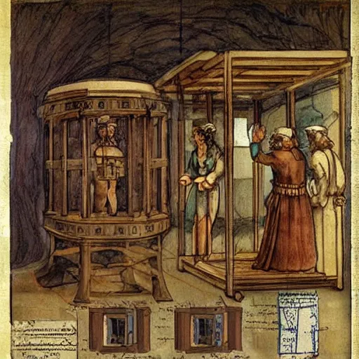 Image similar to vintage, detailed, colored sketch of time machine instruction, all parts, with full descriptions, on old parchment, by leonardo da vinci