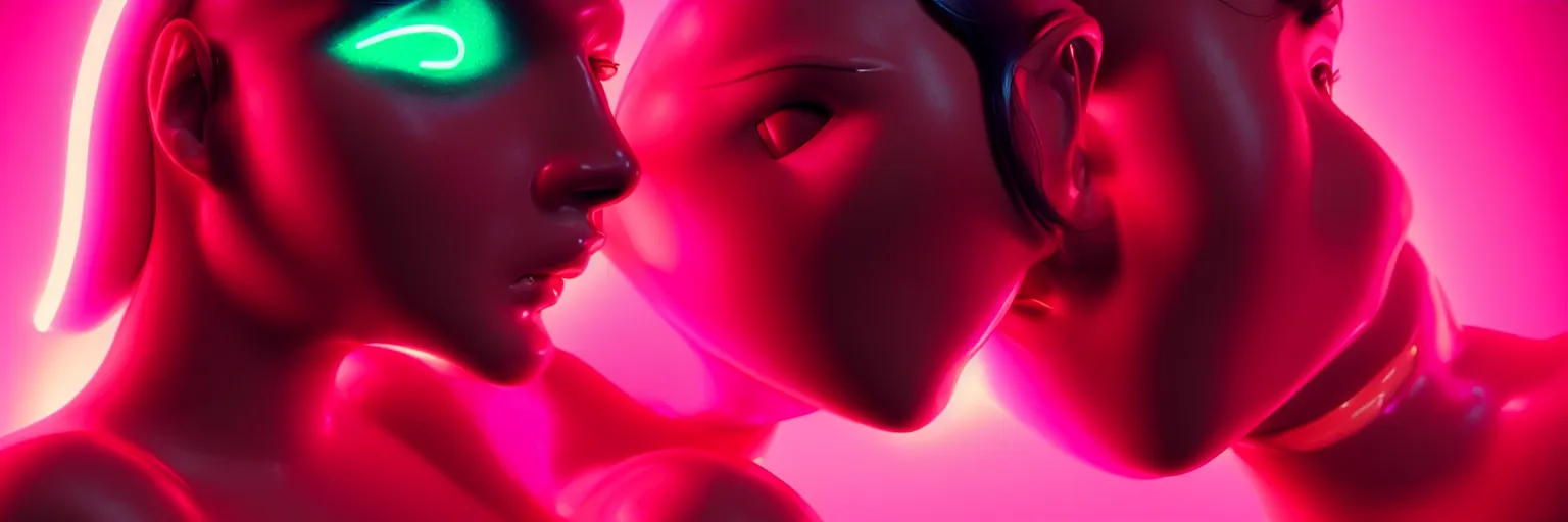 Prompt: a close - up of sensual female humanoid head with freckles cheeks, out - focussed cyber neon lighting background, retro futurism, retro futuristic glossy latex bikini, bokeh background, profile posing, hyper photorealistic, crispy quality, digital photography, art by pascal blanche, art by artgerm, art by greg rutkowski,