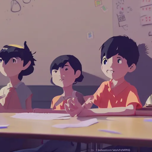 Prompt: verymotivated children in a classroom ( students are raising their hand ), detailed, cory loftis, james gilleard, atey ghailan, makoto shinkai, goro fujita, studio ghibli, rim light, exquisite lighting, clear focus, very coherent, plain background