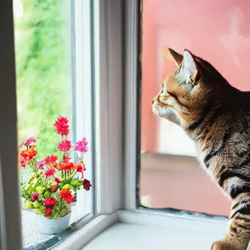 Prompt: cat looking at a freshly baked cookie, grandma working to bake more cookies, warm colors, friendly, an open window provides view outside towards colorful flowers