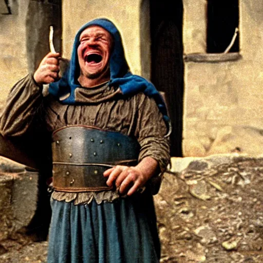 Prompt: laughing medieval peasant reaction image, movie still
