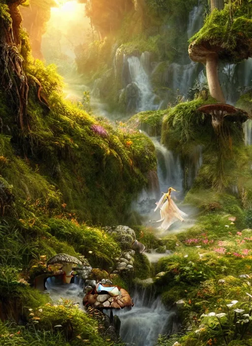 Prompt: an elegant fairy flying in the distance, in the lord of the rings scenery landscape, vast lush valley flowers and mushroom structures, stream, sunrise, god's rays highly detailed, vivid color, cinematic lighting, perfect composition, 8 k, gustave dore, derek zabrocki, greg rutkowski, belsinski, octane render