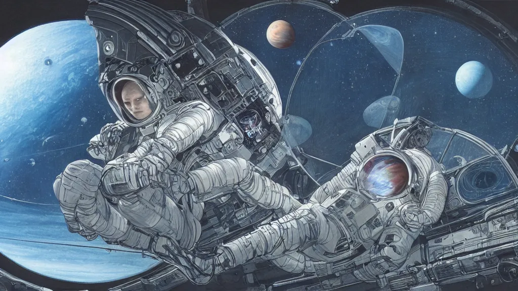 Prompt: movie concept art of a stunning view of jupiter outside the spaceship window, a woman astronaut in a hyper sleep chamber, highly detailed, artistic composition, sharp focus, intricate concept art by moebius and hr giger, digital painting, dramatic lighting