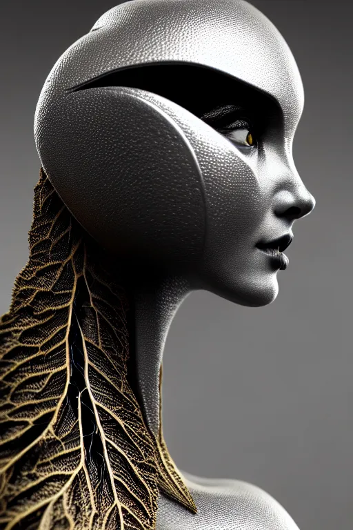 Image similar to bw contrasted close - up profile face, black background, beautiful young porcelain vegetal - dragon - cyborg - female, 1 5 0 mm, beautiful natural soft rim light, silver gold details, magnolia leaves and stems, roots, mandelbot fractal, elegant, ultra detailed, white metallic armour, octane render, h. r. giger style