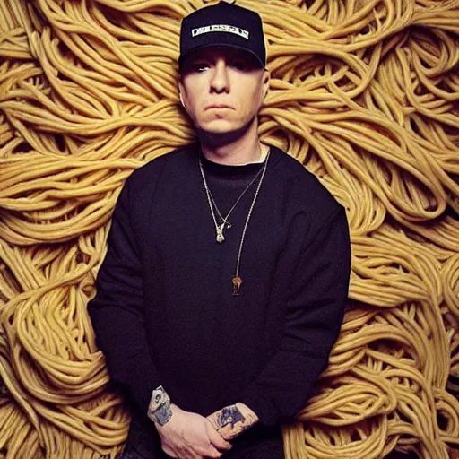 Image similar to eminem wearing a spaghetti sweater. High detail, dramatic lighting, film grain,