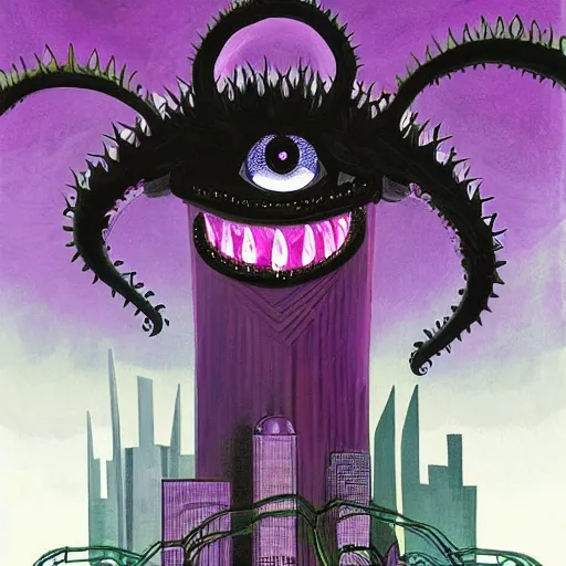 Image similar to A beautiful painting of a large, monster looming over a cityscape. The monster has several eyes and mouths, and its body is covered in spikes. It seems to be coming towards the viewer, who is looking up at it in fear. neon purple, realism, infrared by Dustin Nguyen