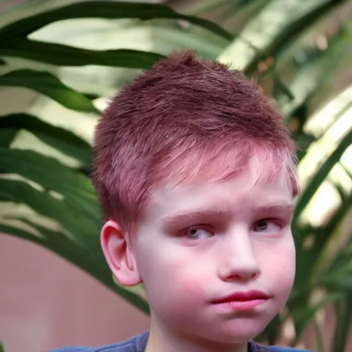 Image similar to small boy with pink skin, thick lips, very pink face, thin eyebrows, short light brown hair, puffy face, small ears, high on edibles