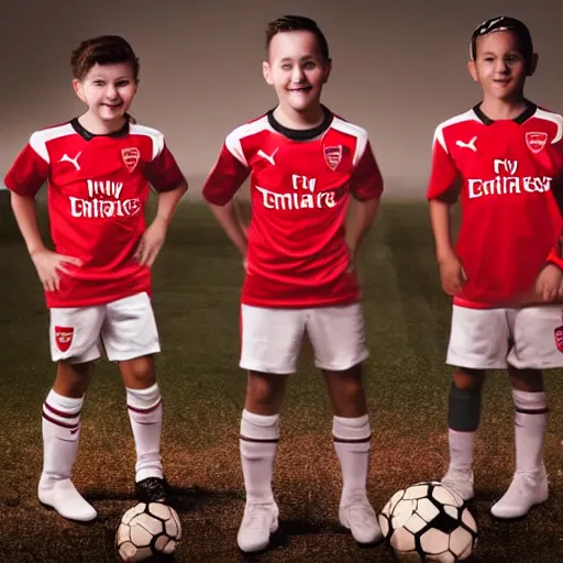 Image similar to a promo portrait of hot dogs in arsenal soccer jerseys playing football, happy,