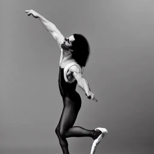 Prompt: nick cave dressed as a ballerina, low angle, studio photography