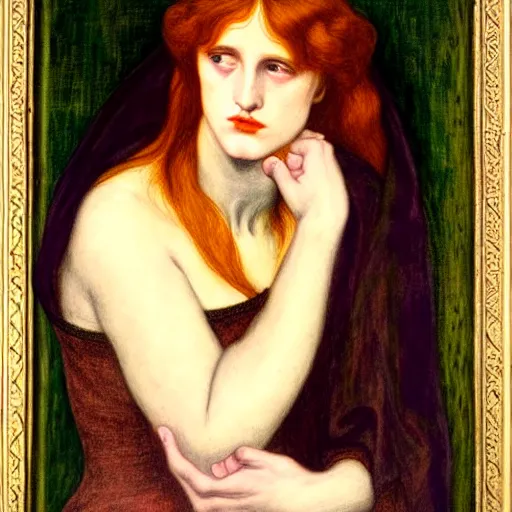 Image similar to The Sorrowful Qween Gwyneth by Dante Gabriel Rossetti, oil on canvas, realist quality