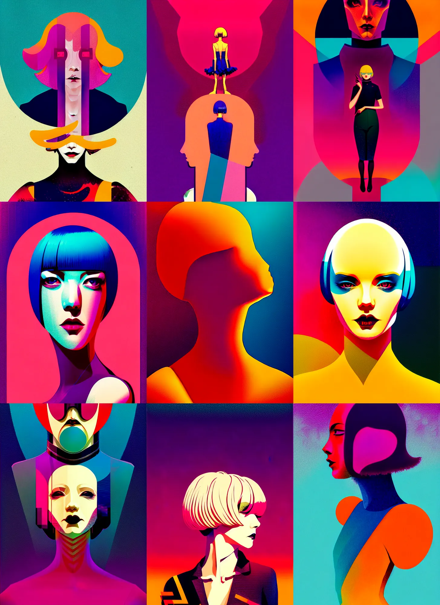 Image similar to ( ( strong dither ) ), editorial illustration portrait a woman like reol, modern art deco, dynamic pose, colorful, ( ( mads berg ) ), christopher balaskas, victo ngai, detailed, dynamic composition, wide angle, moebius, matte print, volumetric, halftone texture, risograph