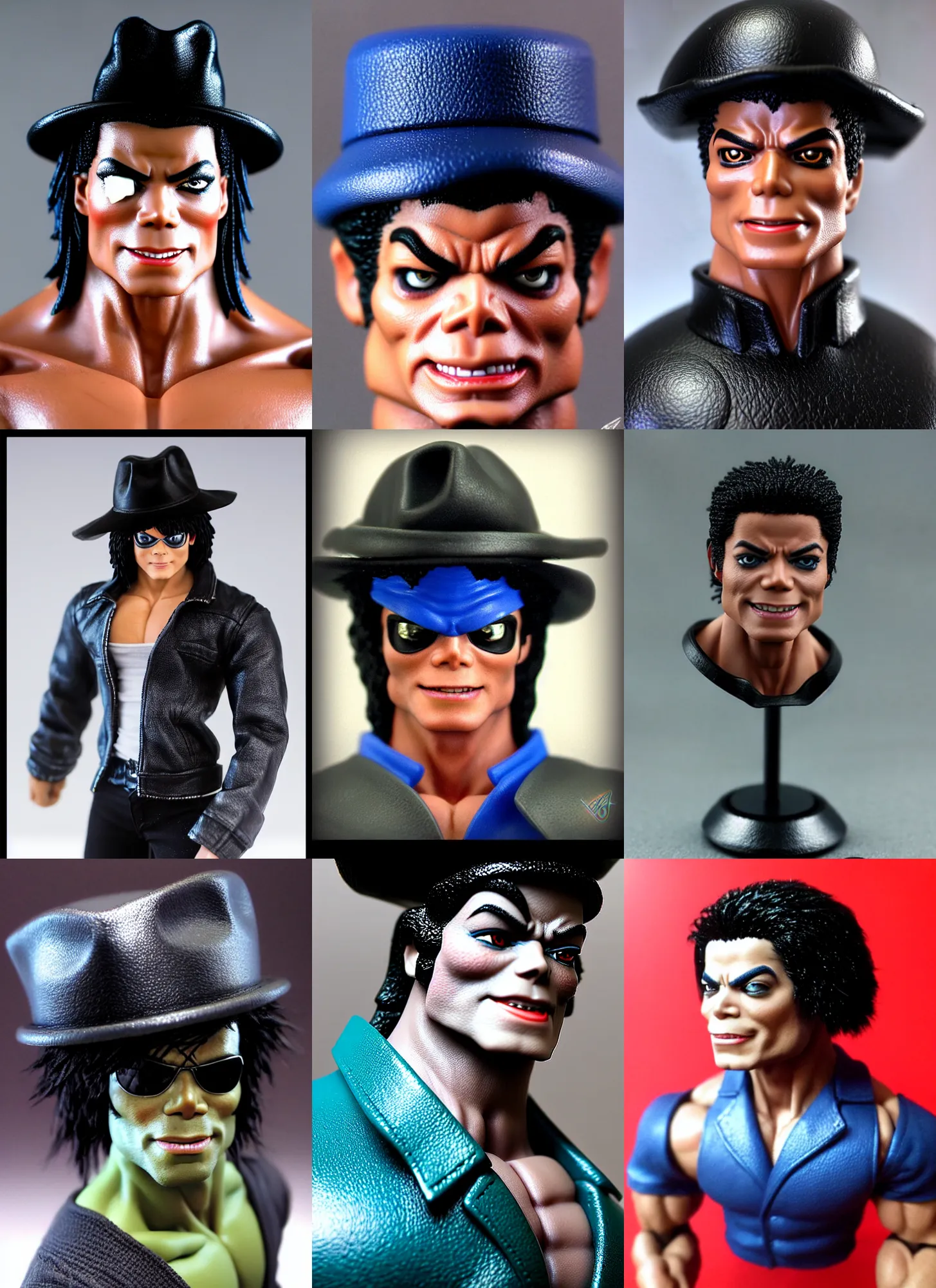 Prompt: macro head shot 8 5 mm of calm michael jackson oversized muscular hulk! powerlifter wrestler with fedora hat by neca!!! pretty! beautiful! shirtless muscular black pants blue military armor rockstar jacket very detailed realistic action figure by neca in the style of ryo kusanagi, character from king of fighters, film still, bokehs