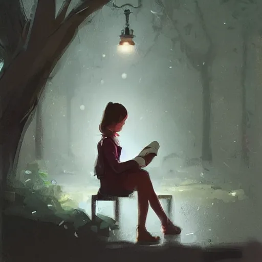 Prompt: a girl reading a book, city park, street lighting, greg rutkowski, digital painting