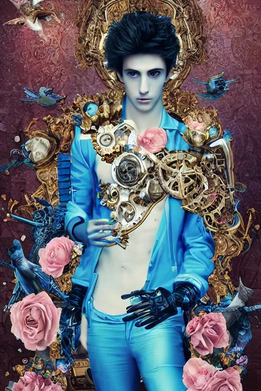 Prompt: full-body cyberpunk style sculpture of a young handsome Spanish prince half android with a chest opening exposing circuitry and a sparking motherboard, glowing blue eyes, crown of peach roses, flowing teal-colored silk, fabric, flowers. baroque elements, human skull. full-length view. baroque element. intricate artwork by caravaggio. many many birds birds on background. Trending on artstation, octane render, cinematic lighting from the right, hyper realism, octane render, 8k, depth of field, 3D