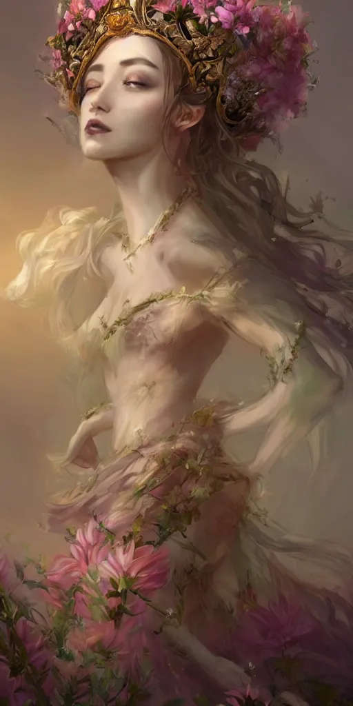 Image similar to A beautiful fantasy empress, full body, just one head, flower tiara, long hair, wearing dramatic aristocrat robe, delicate figure, field of fantasy flowers, foxes and deer, epic composition, ultra wide-shot, dynamic pose, concept art, dramatic lighting, digital painting, smooth, character design, sharp focus, elegant, intricate, trending on artstation, by WLOP and James Jean and Victo Ngai