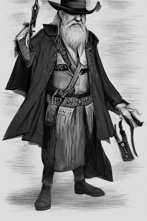 Image similar to older man with sharp cheeks long white hair and beard, wearing black wide brimmed plantation hat and duster coat, and wearing a belt with two revolvers, and bandolier with multiple sheriff badges pinned, high quality DnD illustration, trending on ArtStation, all rights reserved Wizards of the Coast.