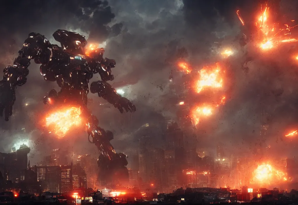 Prompt: mecha peron destroying a city, photorealistic, film, cinematic lighting, octane tender, volumetric light, dark - art