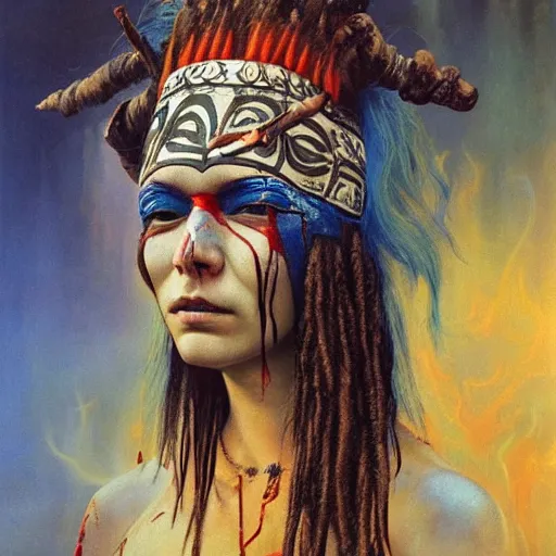 Image similar to A young blindfolded shaman woman with a decorated headband from which blood flows, in the style of heilung, blue hair dreadlocks and wood on her head. The background is a forest on fire, made by karol bak and james gurney