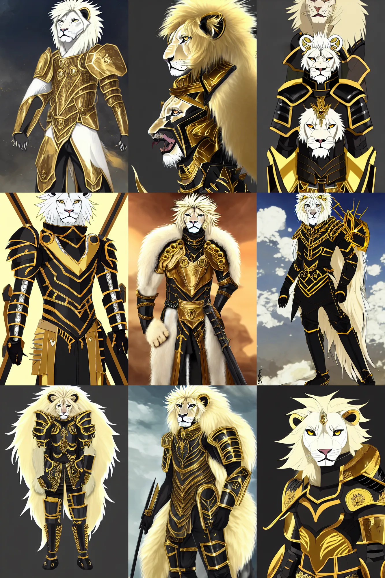 Prompt: albino lion army general with black and gold roman armor, fursona, anthro, anime key visual, detailed armor, detailed fur, makoto shinkai, portrait