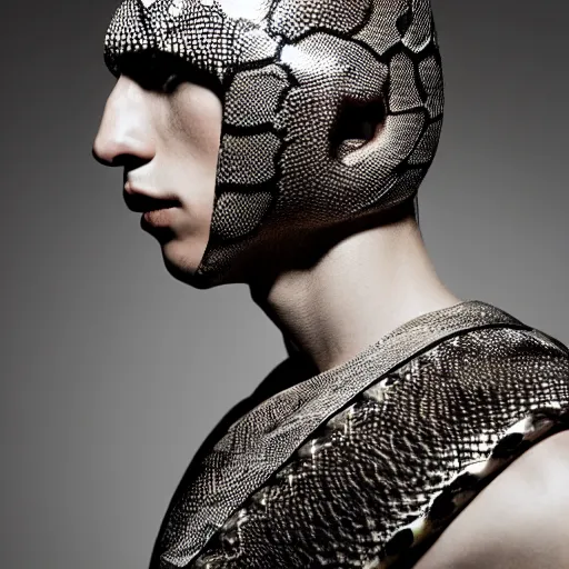 Image similar to a portrait of a beautiful young male wearing an alexander mcqueen armor made of snake skin , photographed by andrew thomas huang, artistic