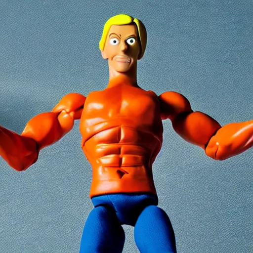 Prompt: Stretch Armstrong filled with air. Overinflated muscles. Giant action figure made of rubber.