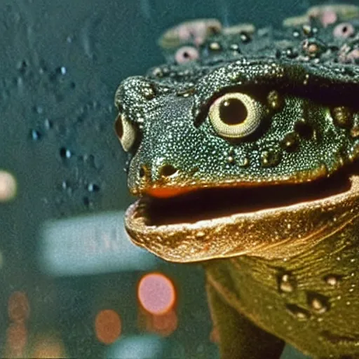 Prompt: Close up of Lepidobatrachus laevis facing the camera in a still from the movie Blade Runner (1982), high quality, rain, rain drops, cold lighting, 4k, night, award winning photo, beautiful
