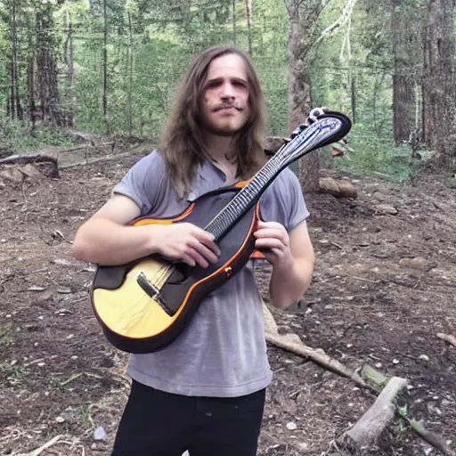 Prompt: a photo of a young man with long hair playing mandolin in the wilderness