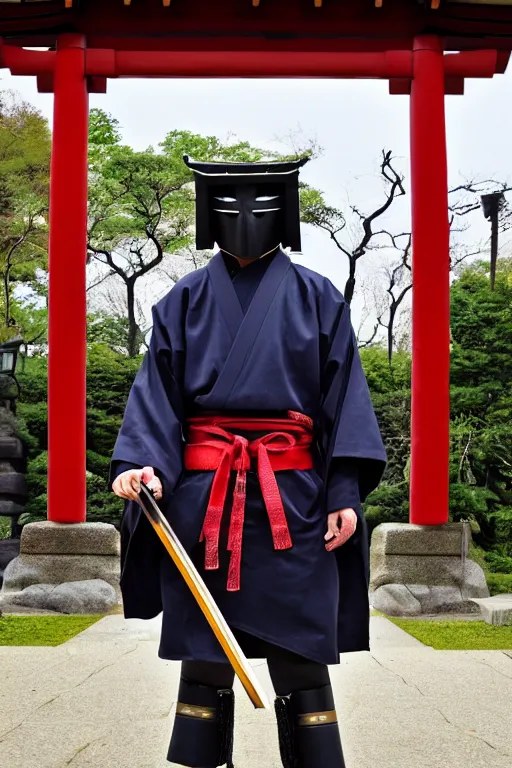 Image similar to a godlike and indomitable masked and helmeted samurai posing with their katana before a Torii gate with pride, the rising sun in the background. Photo realistic. Award winning